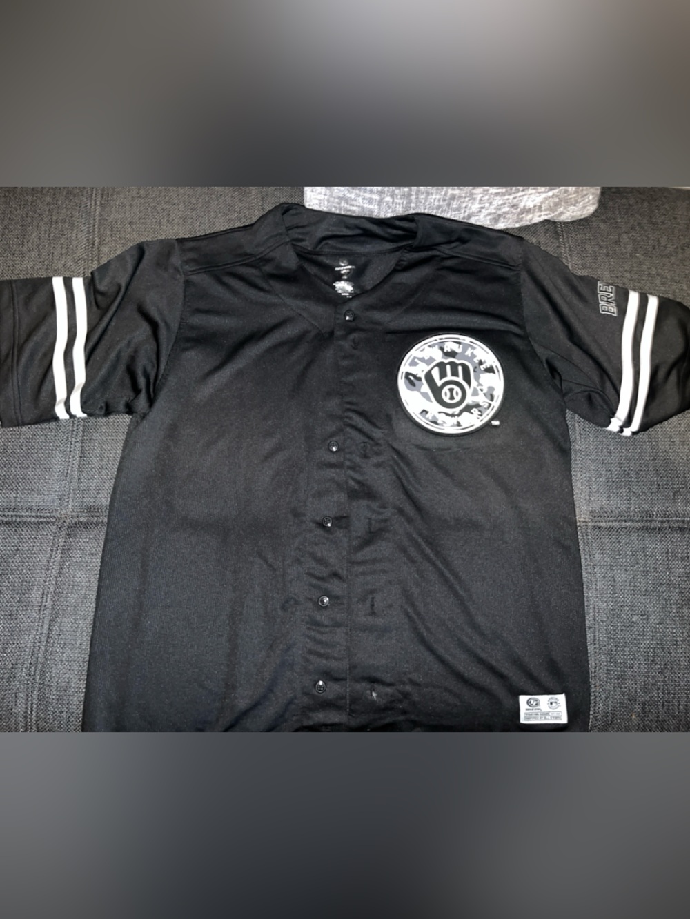 True Fan Black Milwaukee Brewers Baseball Jersey Good Condition